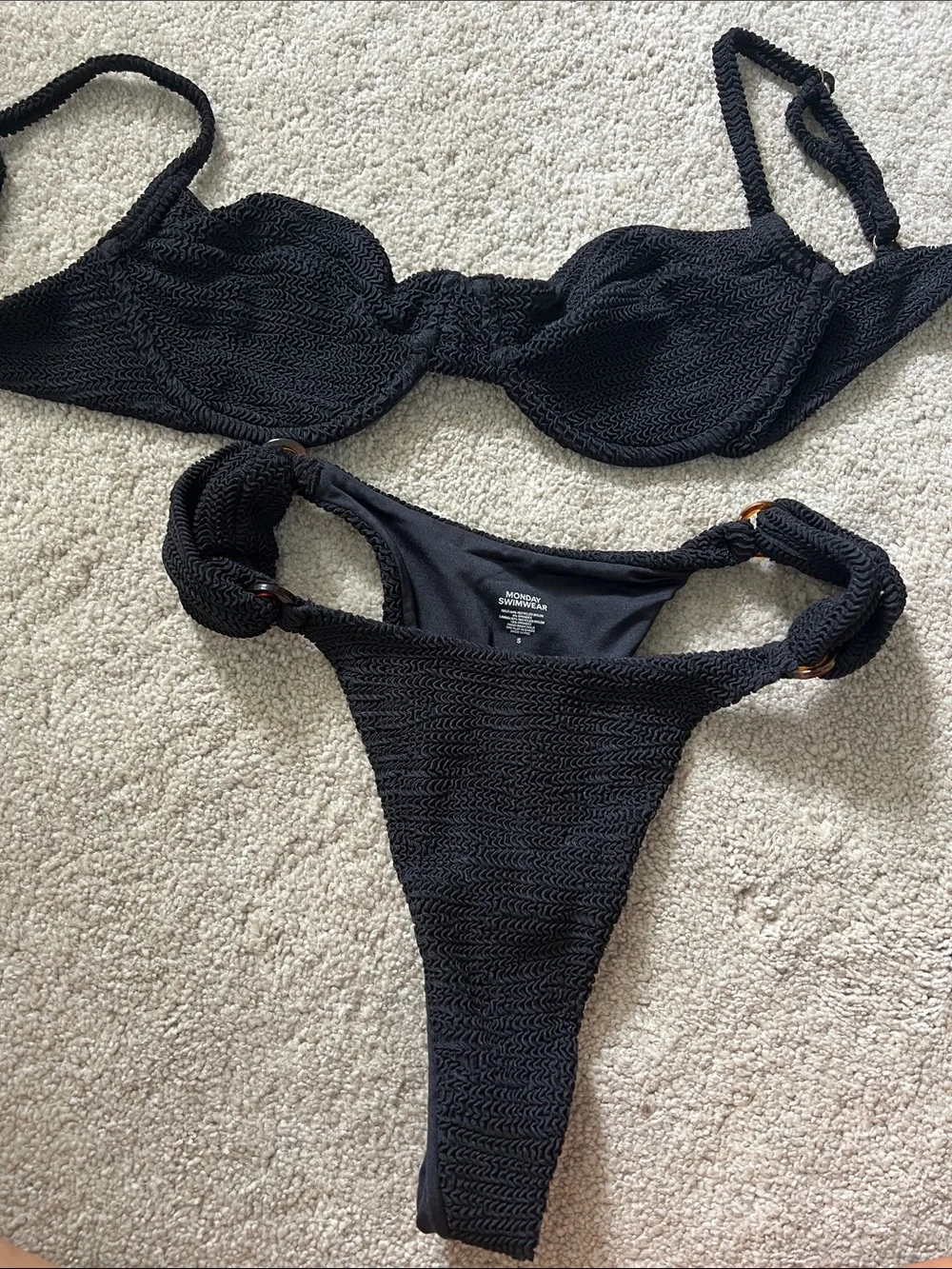 Monday swimwear black bikini set bra top small scrunch crinkle Maui top
